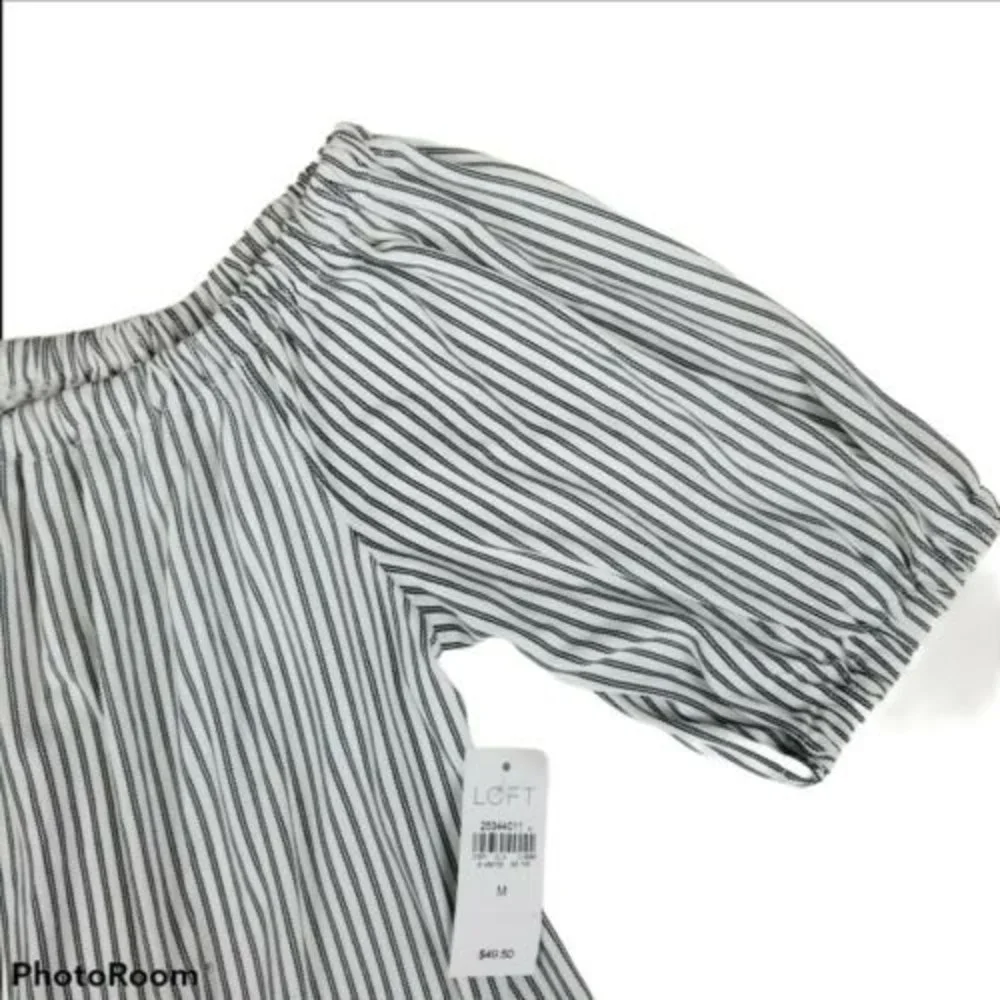 LOFT Blouse Medium Navy Blue Pinstripe Off the Shoulder Puff Sleeve Striped Top